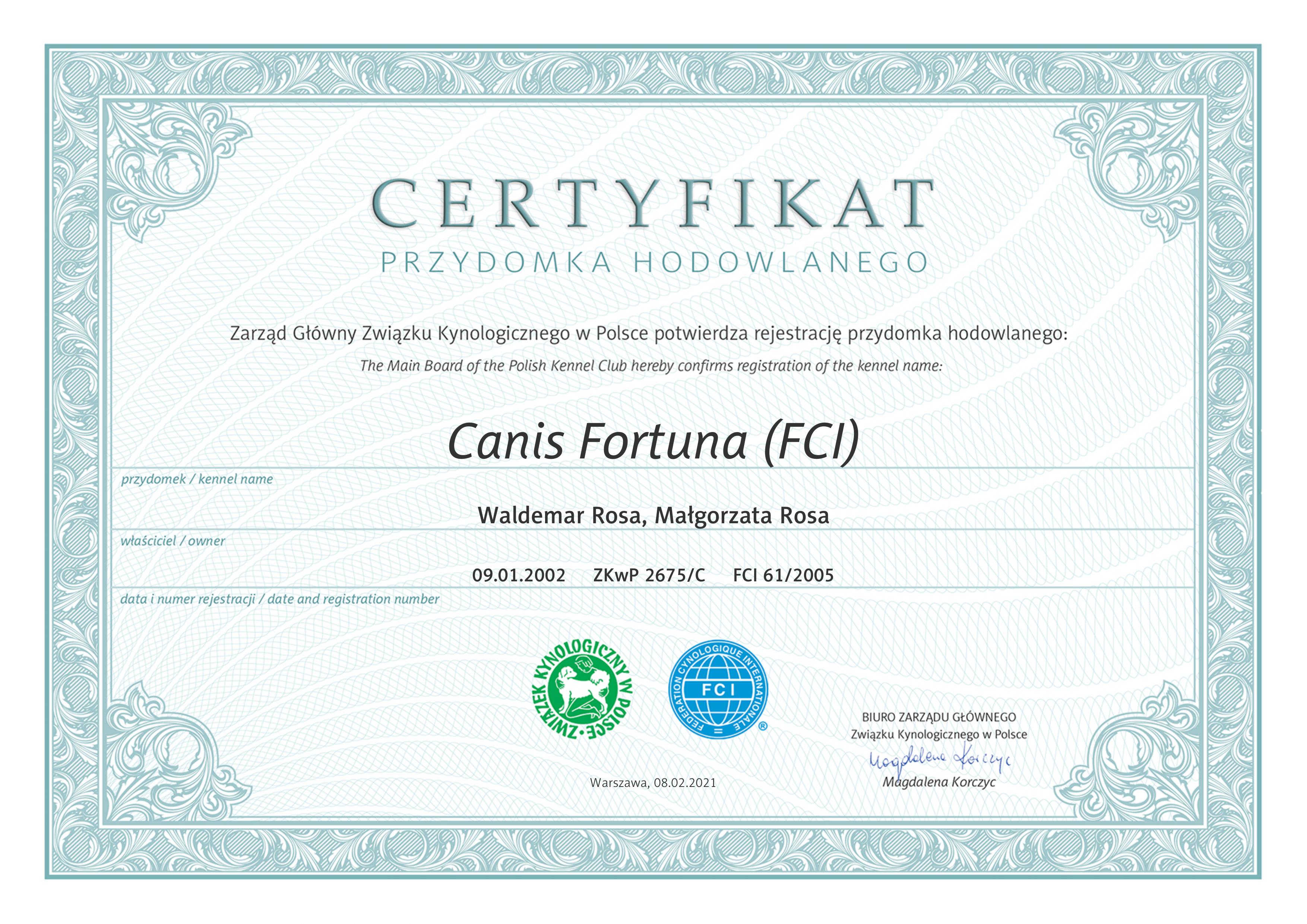 Canis Fortuna FCI certyfikat przydomka
